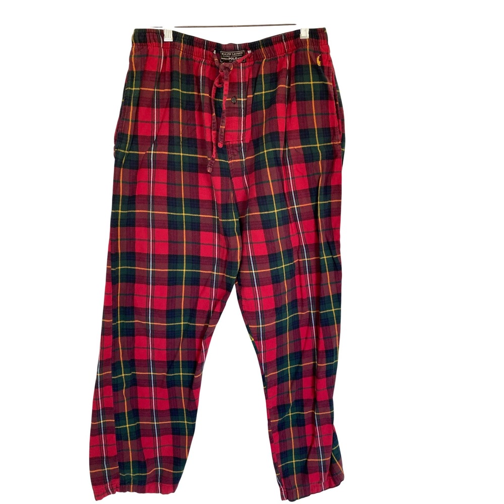 Polo Ralph Lauren Mens Red Plaid Flannel Pajama Pants Large Stewart Tartan Pony
